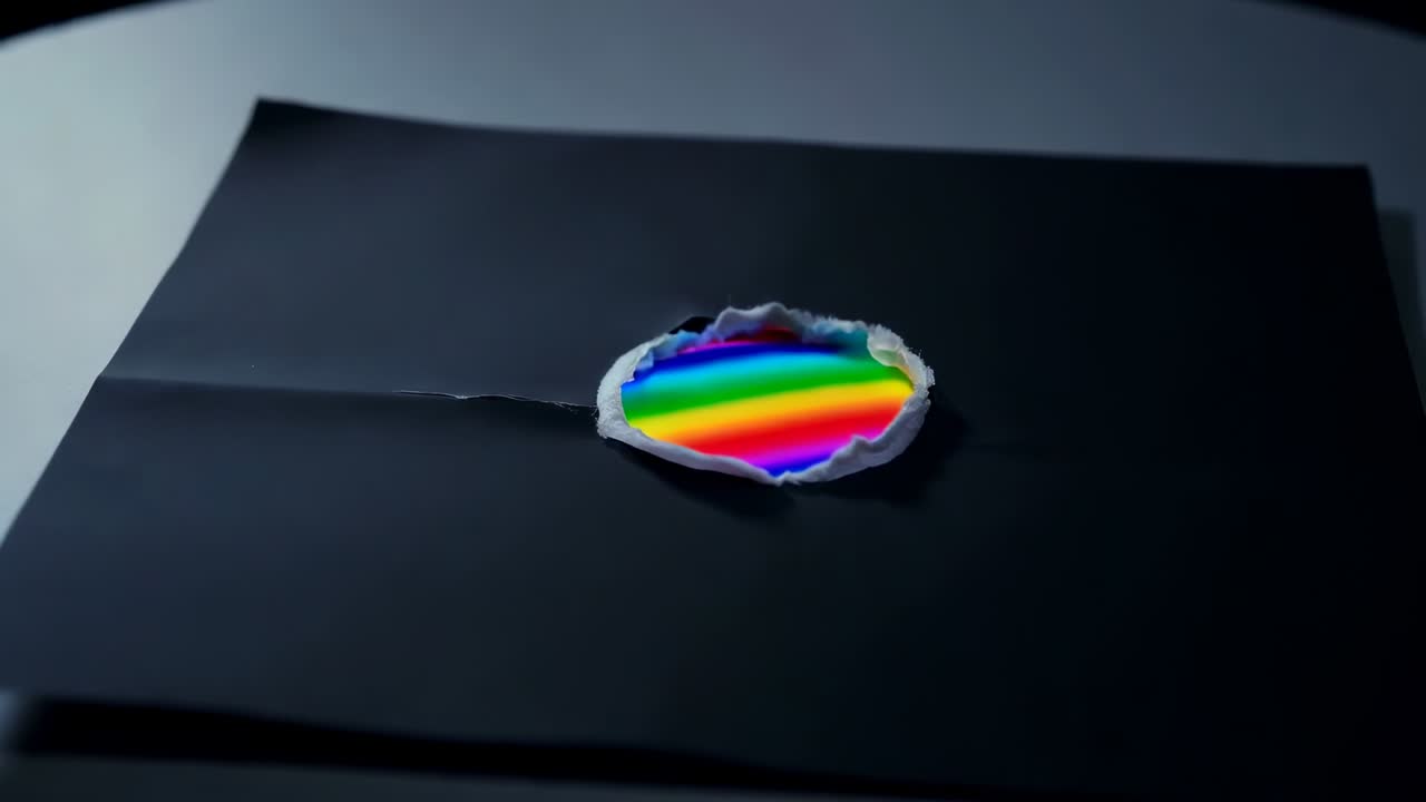 Shifting camera revealing torn circular opening in black sheet on table to show rainbow foil