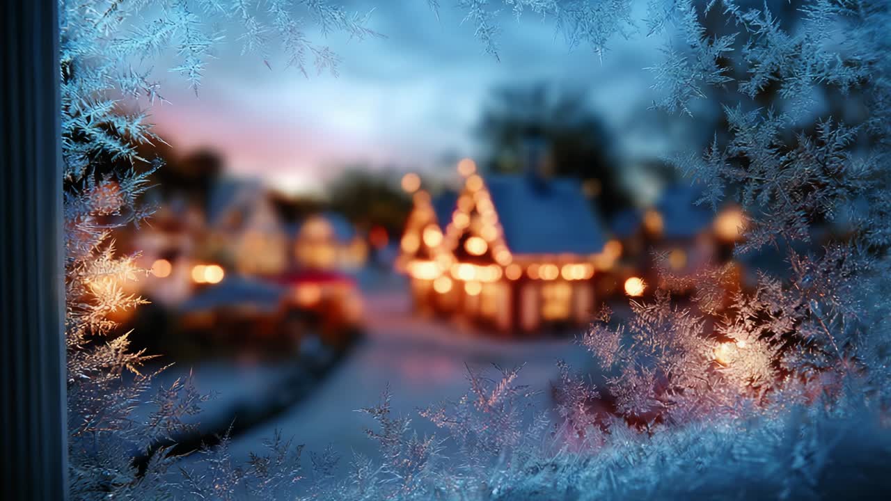 Framed by Frost: A Beautiful Winter Wonderland Scene with Twinkling Lights and Festive Atmosphere Captured Through a Frosted Window, Evoking the Magic of the Holiday Season