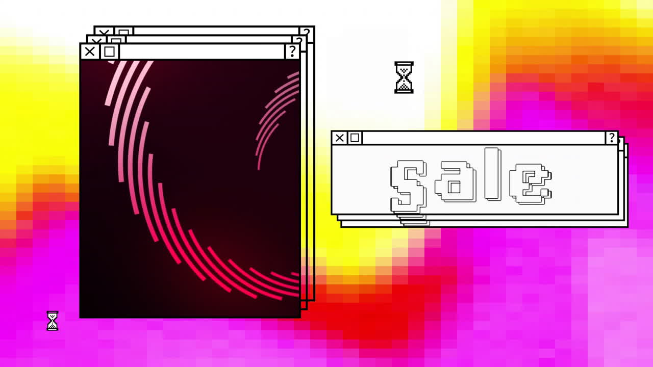 Animation of digital interface with sale text and red shapes on colourful background