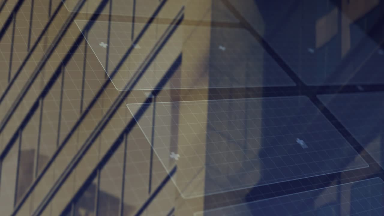 Building facade remaining static, HUD fading in and blue bars brightening visualizing data rise