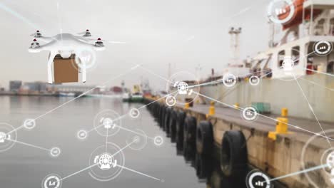 animation of connected icons, flying drone carrying cardboard box, over dock in background