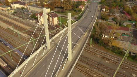 Drone-footage-from-the-Elisabeth-Bridge-at-Bekescsaba,-Hungary-Drone-circles-right