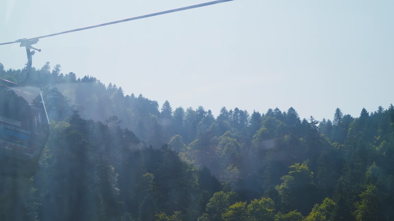 A scenic gondola ride glides over a lush green forest on a clear sunny day