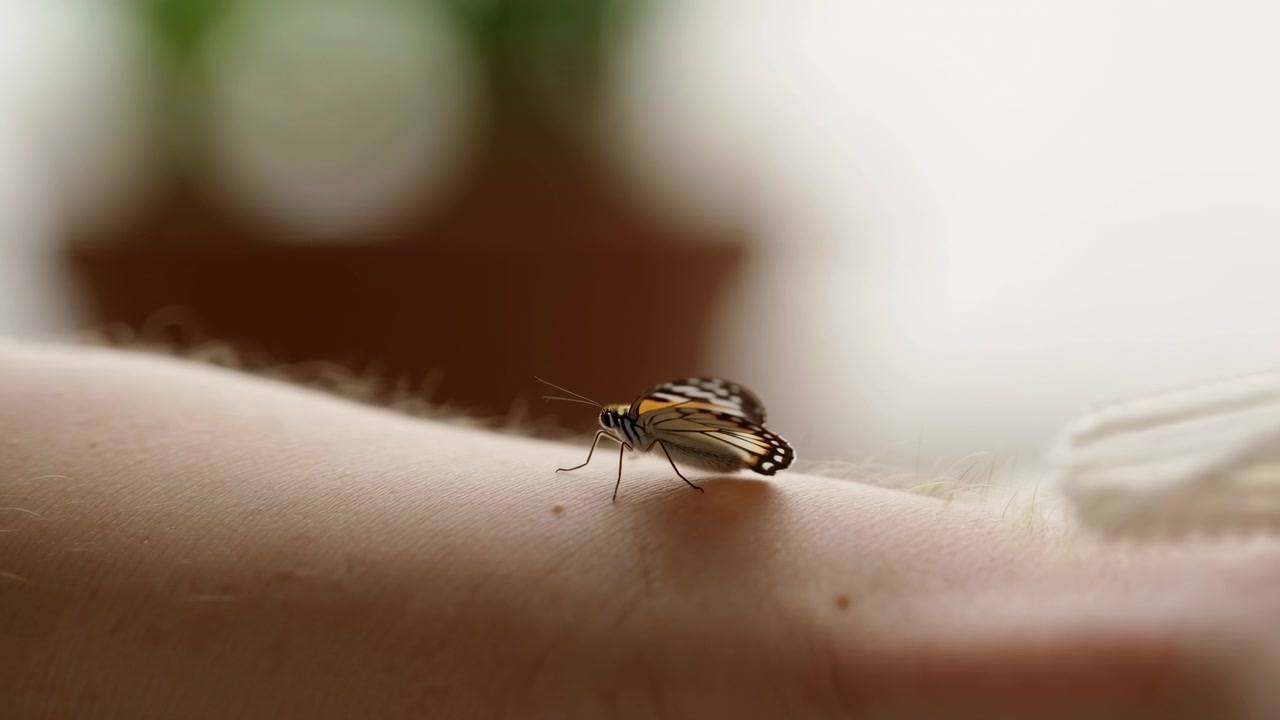 Nærbilde av sommerfugl med oransje-svarte vinger som hviler på underarmshår, innendørsscene med mykt fokus