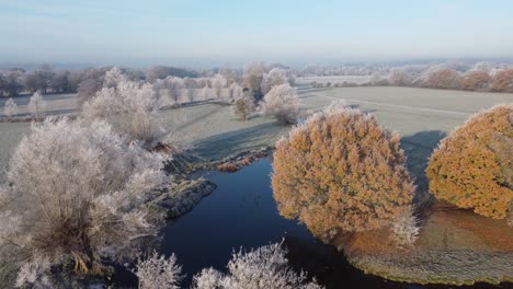 imágenes aéreas que avanzan sobre el río stour y los árboles cubiertos de escarcha una mañana de invierno temprano
