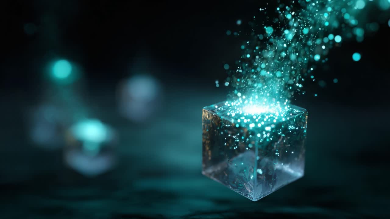 Captivating Glimmering Ice Cubes Floating in an Ethereal Space with Sparkling Particles Creating an Enchanting Atmosphere of Frozen Magic and Intrigue