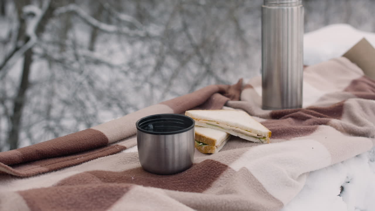 눈 덮인 숲의 체크 무늬 담요에 샌드위치, 보온병, 차를 가까이서 볼 수 있습니다.