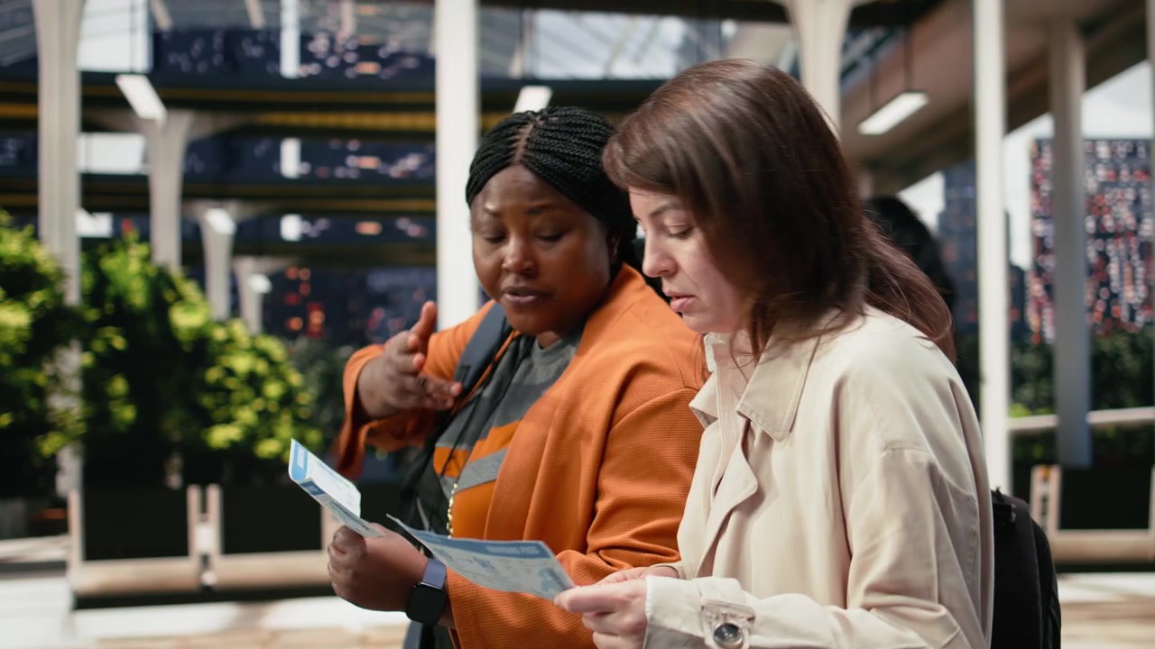Close up of travel companions reading boarding passes together