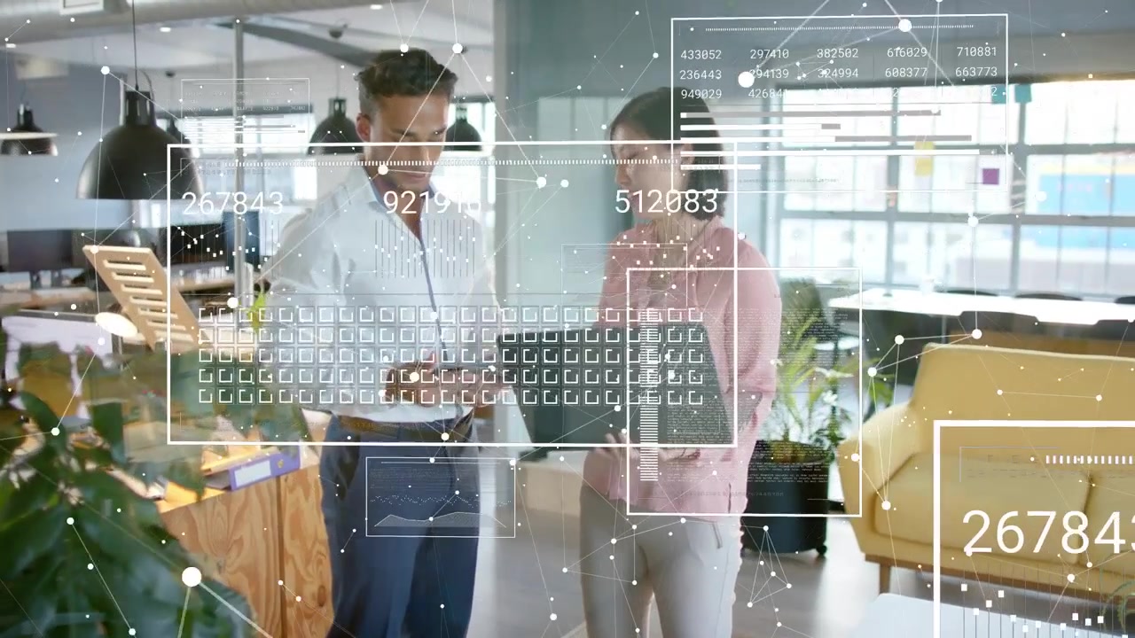 Vertical video: Man tapping tablet, woman holding laptop and AR updating data for business review