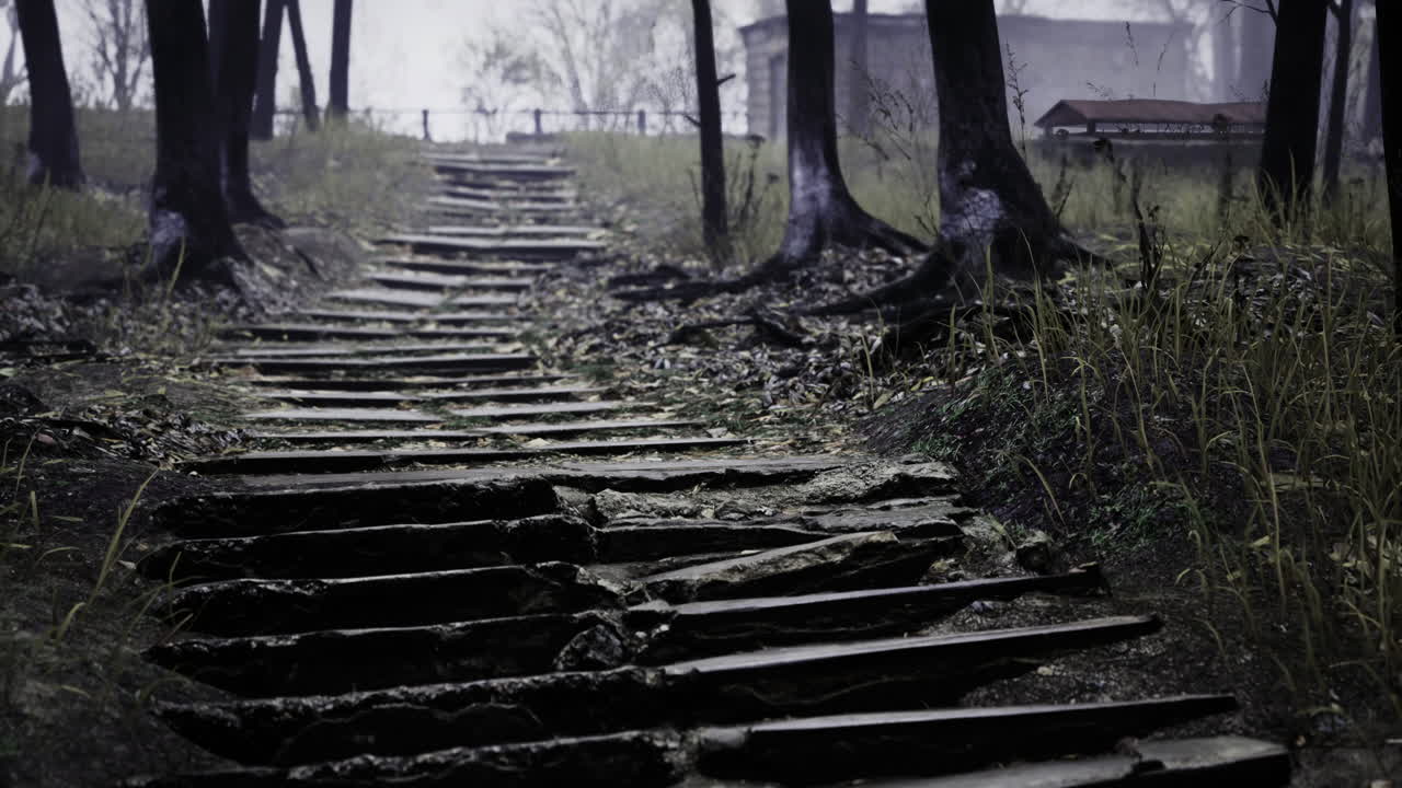 Winding stone steps lead through misty trees towards a hidden clearing at dusk