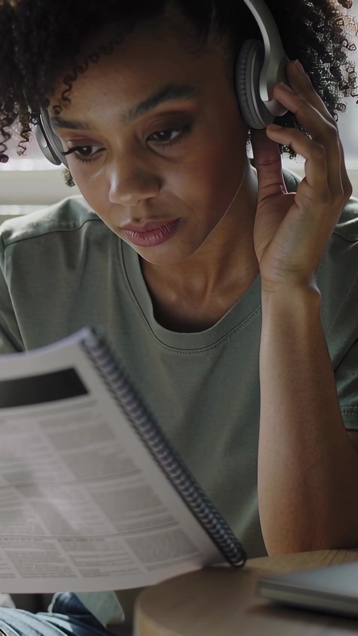 Vertical video: Tuning woman in green T reading book, adjusting right earcup at home to hear better