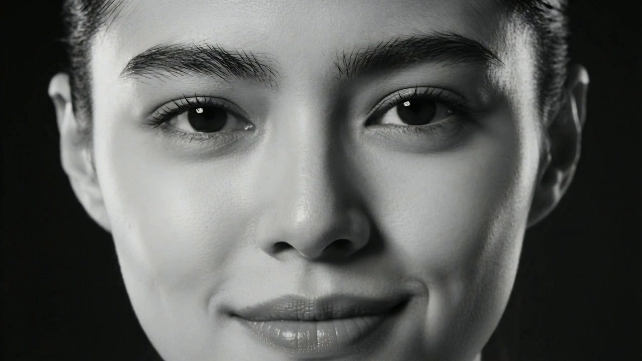 Mulher em estúdio, com um sorriso suave, para um retrato com luzes e fundo preto.