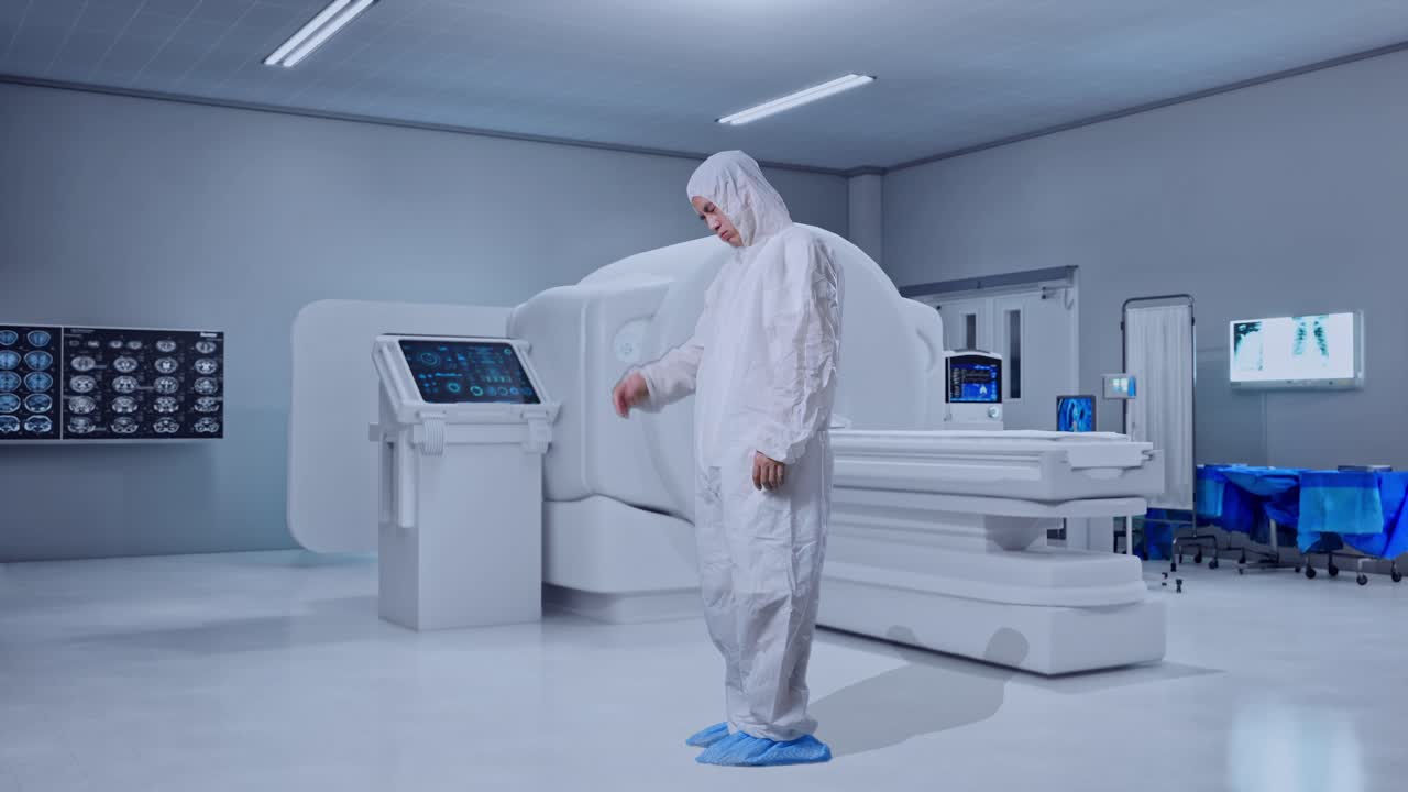 Full Body Side View Of Asian Male Scientist Having A Headache While Standing With MRI Machine In The Hospital