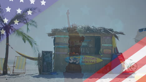 animación de la bandera estadounidense revelando la estatua de la libertad y el bar de la playa
