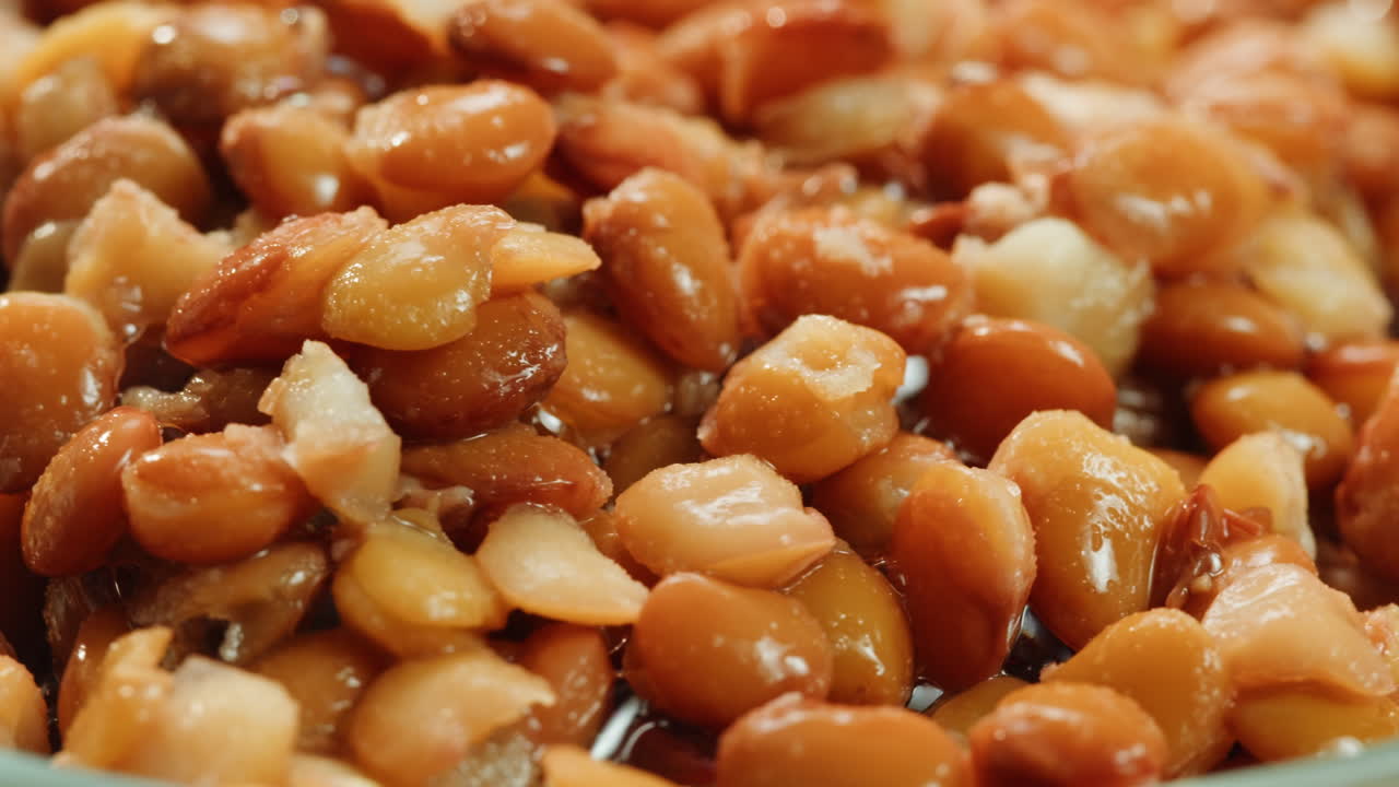 Lentils macro, Open metal can with preserved steamed brown lentils close up isolated on white background