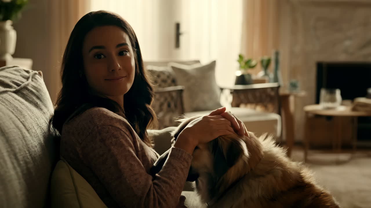 여성과 개가 소파에서 휴식을 취하고 있습니다.