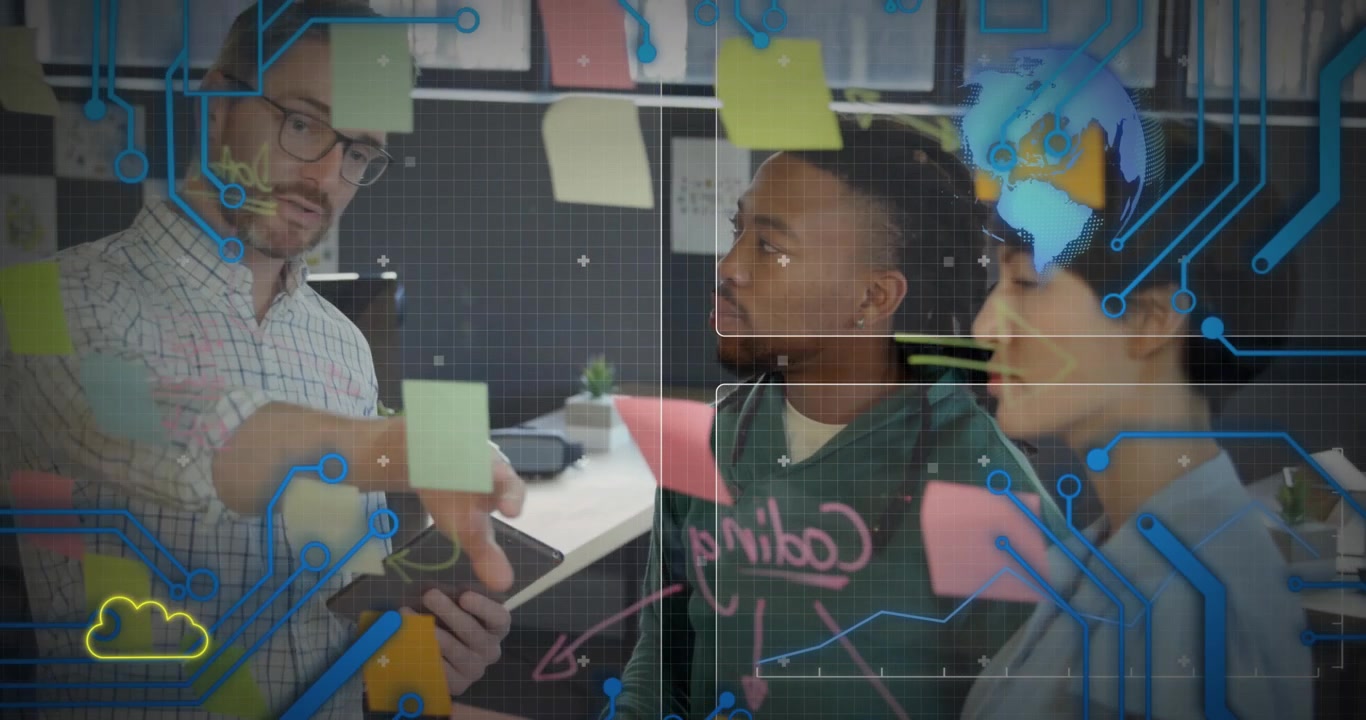 Futuristic hud animation enhances a global business presentation with teamwork focus.