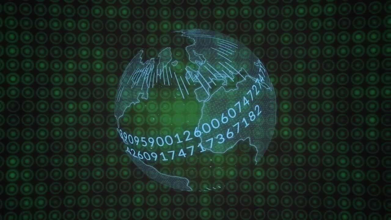 Animation of data processing and globe over glowing spots on black background