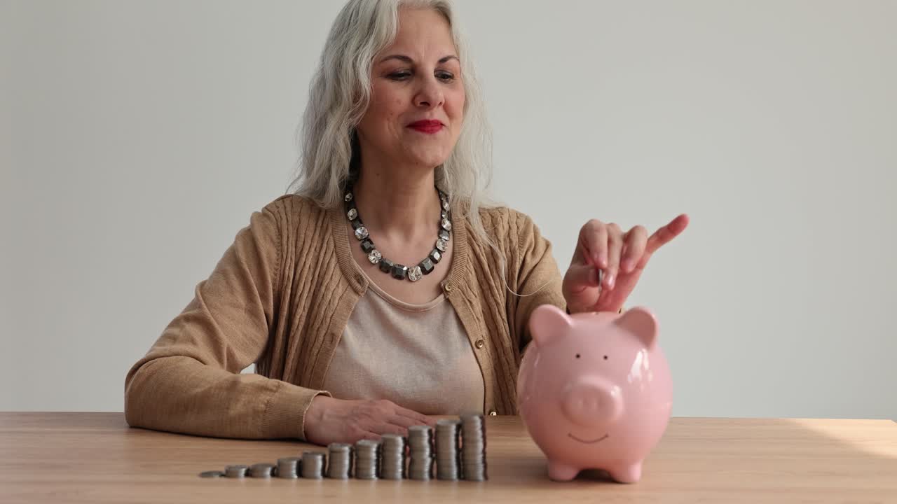 Older woman saving money in a piggy bank