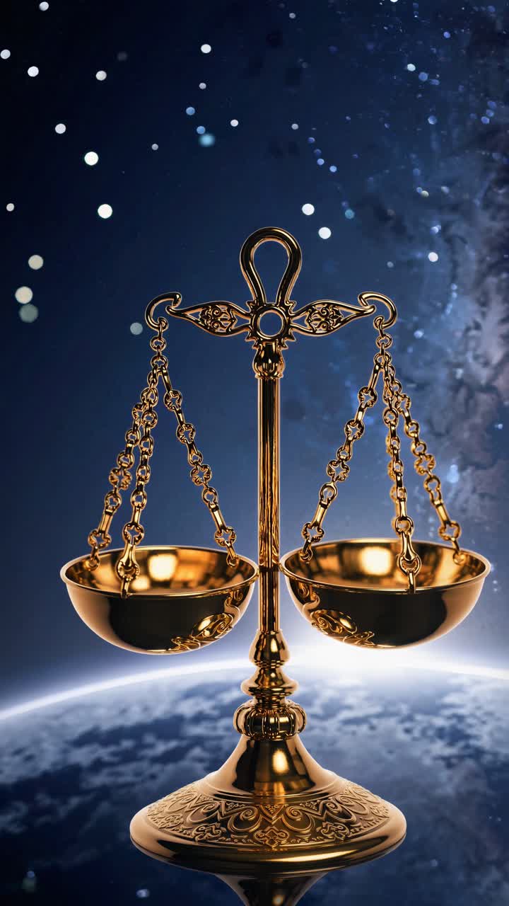A video still of golden scales of justice against a starry night sky, captured from a low angle