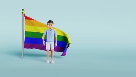 animation of a man standing in front of the traditional rainbow pride flag while waving his hand, 4k video with blue background