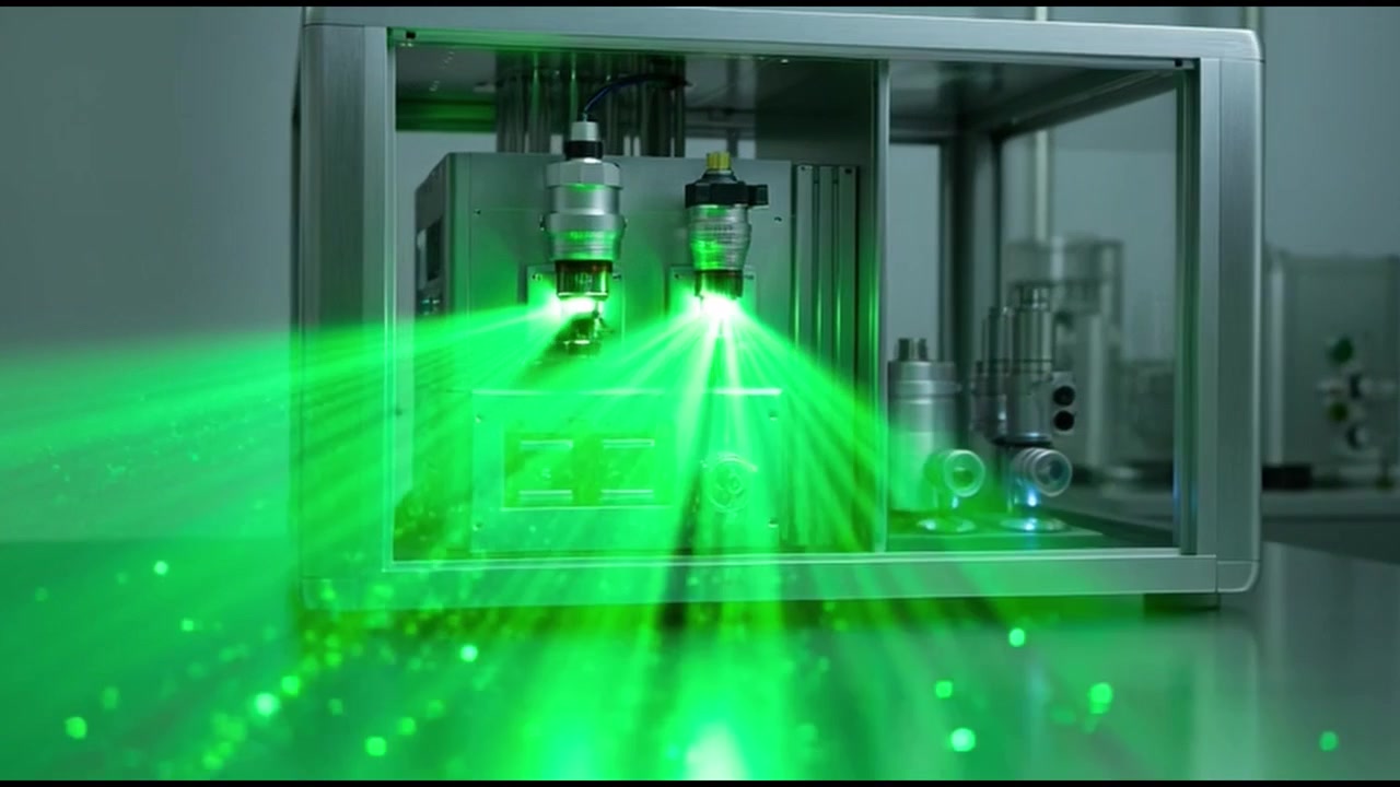 Industrial Laser Equipment Emitting Green Light Beams in Laboratory