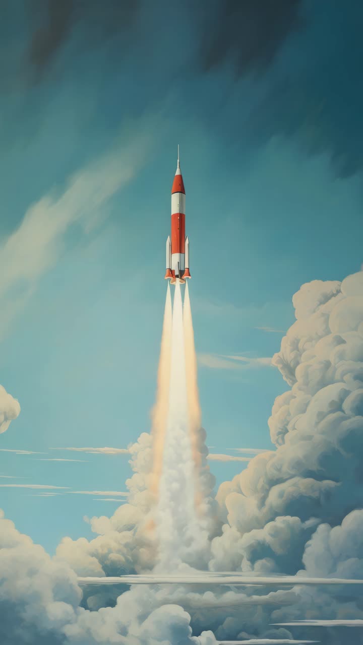 A vintage-style rocket launch captured from a low angle, soaring through clouds