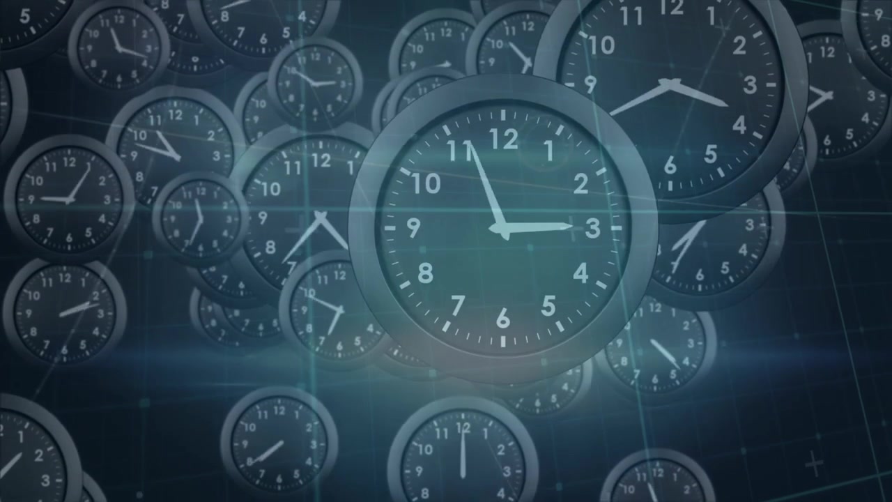 Animation of moving clocks falling over green background