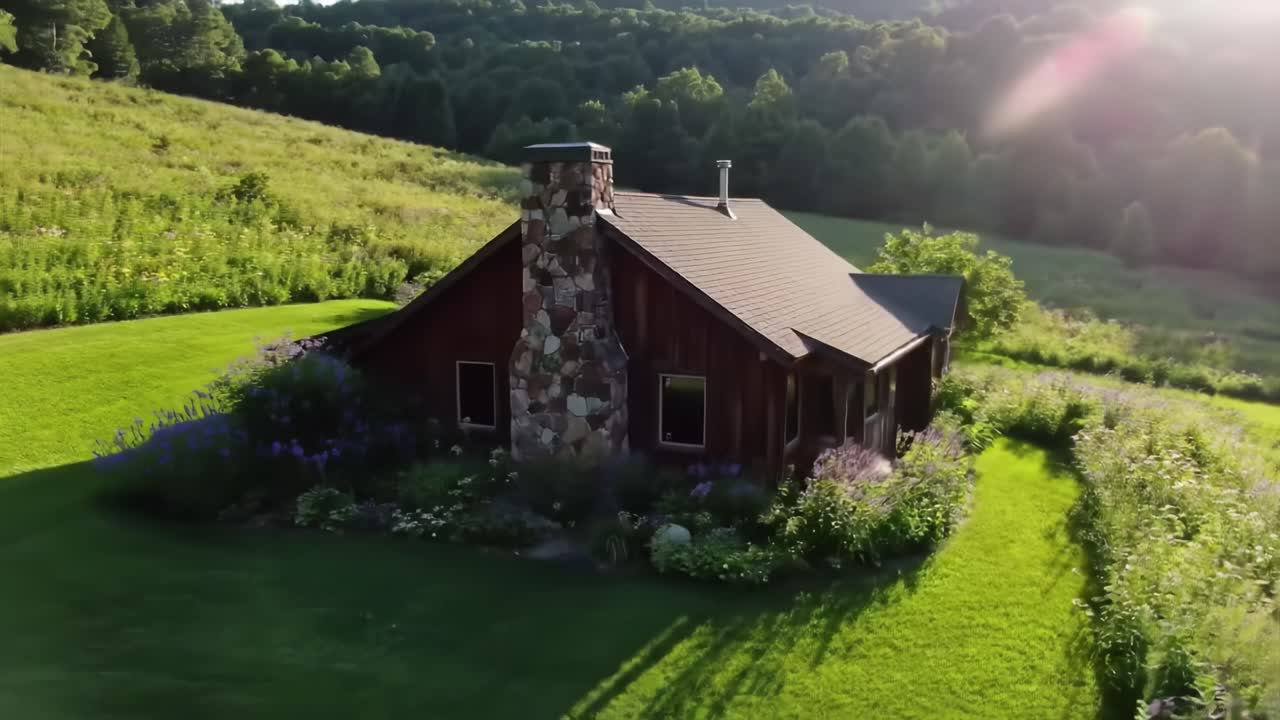 A charming cabin nestled in a vibrant green landscape, surrounded by colorful flowers and bathed in the warm glow of the evening sun. Nature thrives in this peaceful setting, offering tranquility.