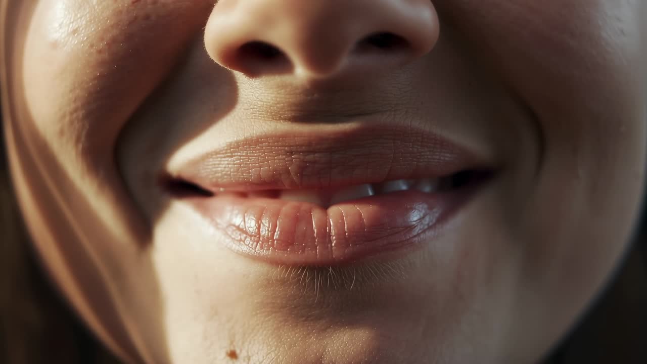 Parte inferior do rosto começando com uma sutil mudança muscular, lábios franzindo, abrindo-se, formando um sorriso, revelando os dentes.