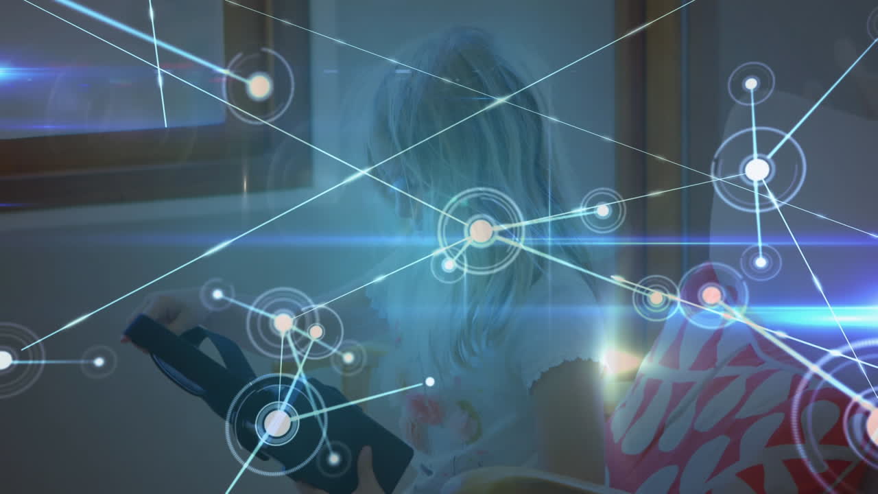 red de conexiones a través de una chica que usa auriculares vr.