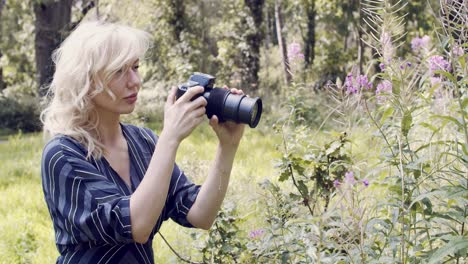 blonde woman uses a large camera and lens to take photographs of wild flowers in a park