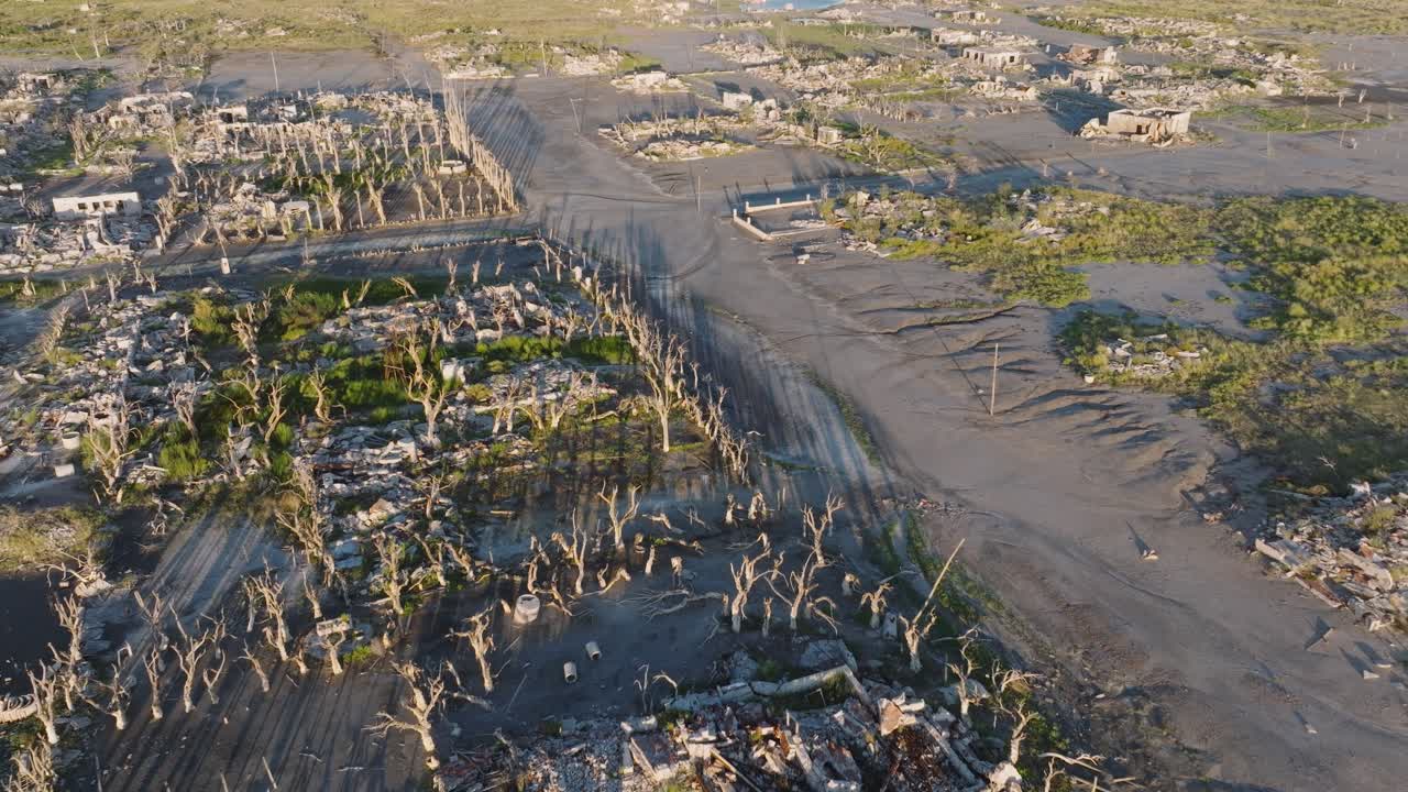 Aerial fly above Epecuen deserted village, lost in time Abandoned ruins in Buenos Aires province, Argentina