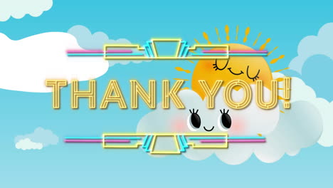 animation of thank you text over cloudy blue sky and sun
