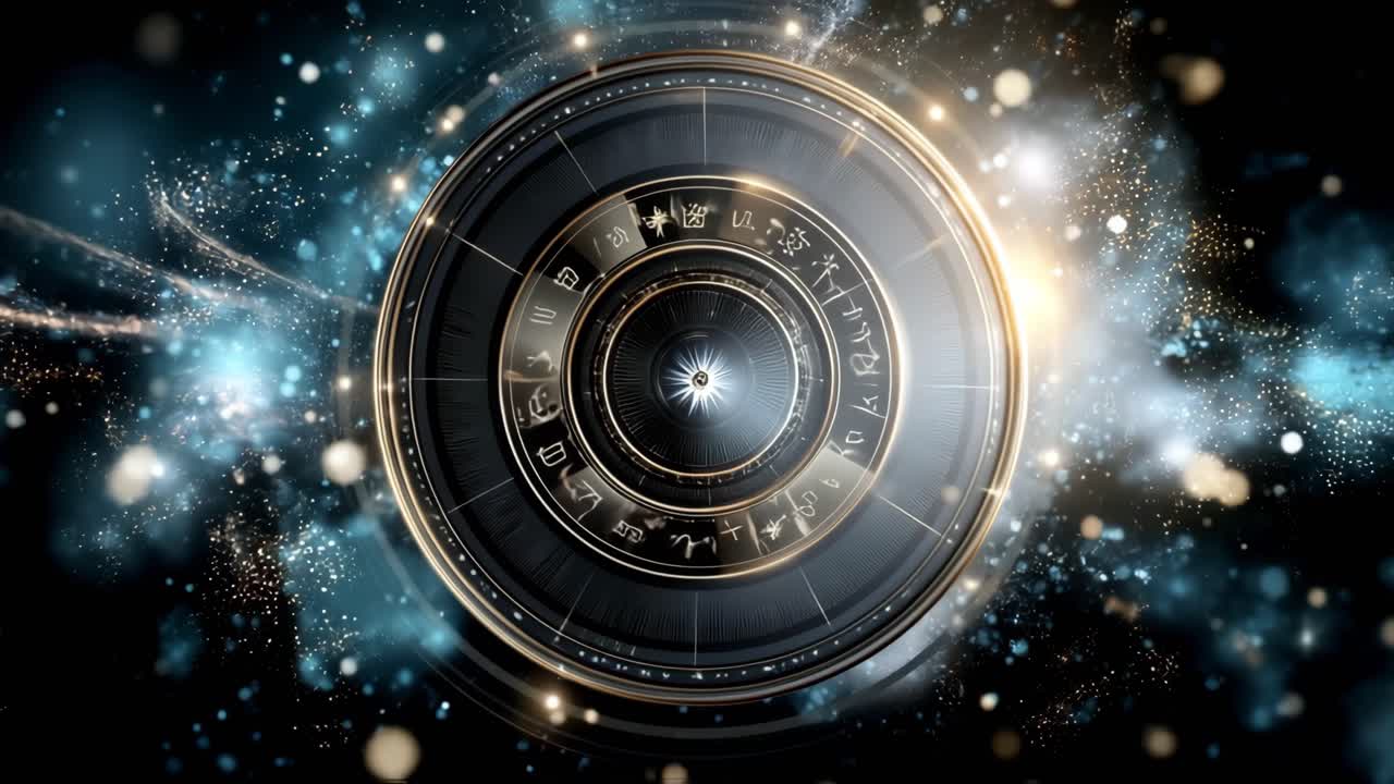 Astrological symbols shining wheel. A vivid cosmic wheel with astrological symbols lights up the dark space, creating a mystical atmosphere.