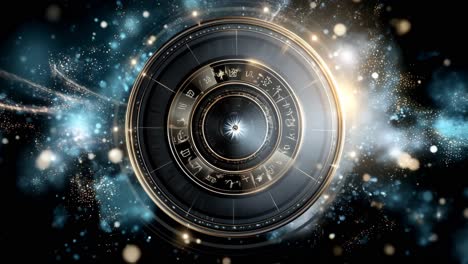 astrological symbols shining wheel. a vivid cosmic wheel with astrological symbols lights up the dark space, creating a mystical atmosphere.