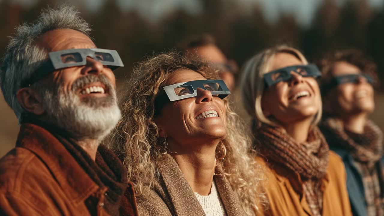 Enthusiastic Group of People Enjoying Celestial Event with Protective Glasses, Captivated by the Wonders of the Sky and Nature, Experiencing a Shared Moment of Awe and Delight