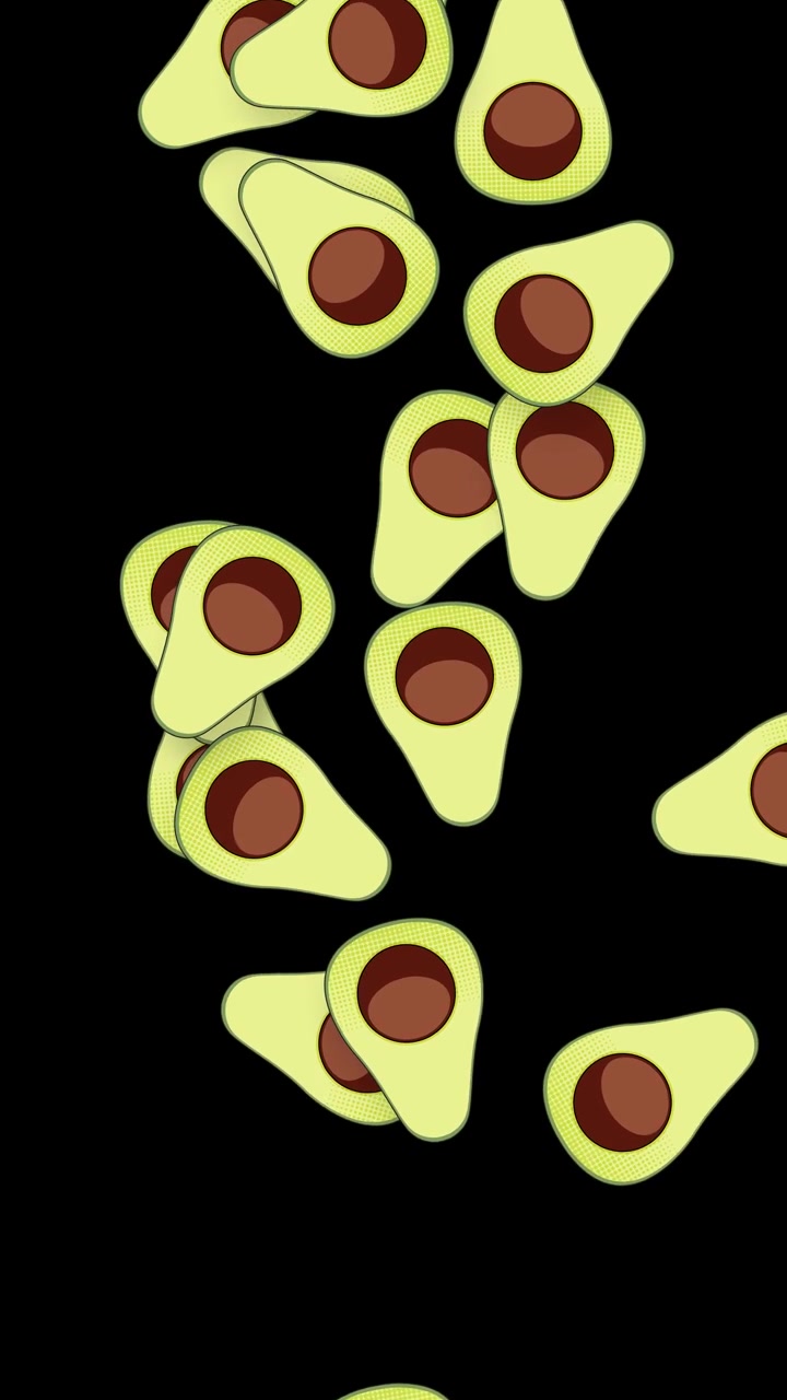 Metà di avocado animate che cadono su sfondo nero