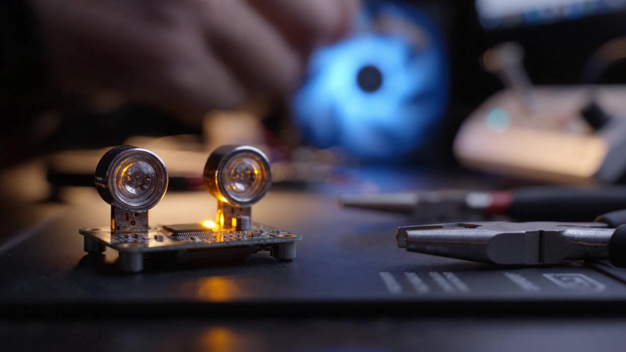 Detailed Close-up of a Circuit Board with LED Lights and Tools on a Workbench Surrounded by a Cool Blue Fan Effect and Ambient Lighting