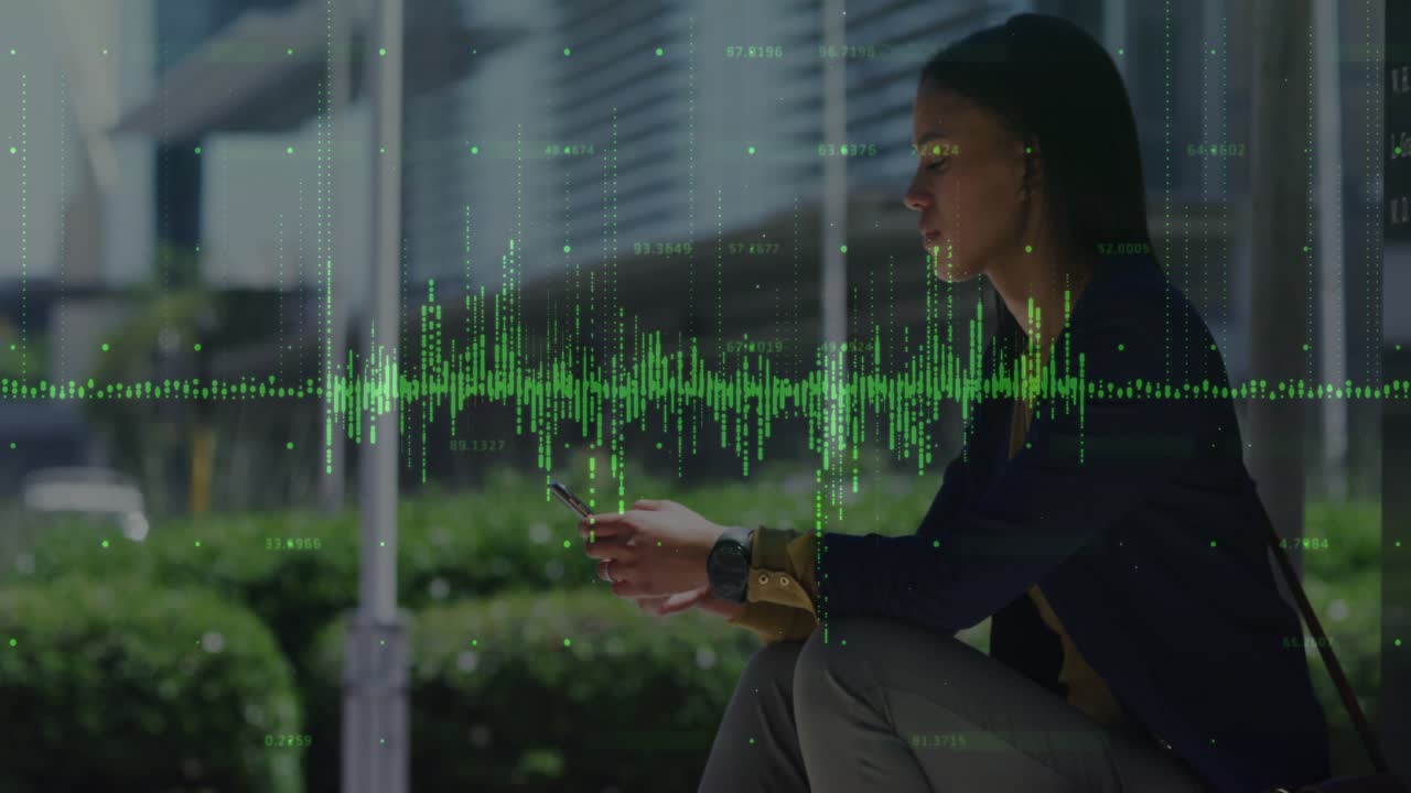 Mid-adult woman tapping smartphone on bench, activating green waveform for tech monitoring