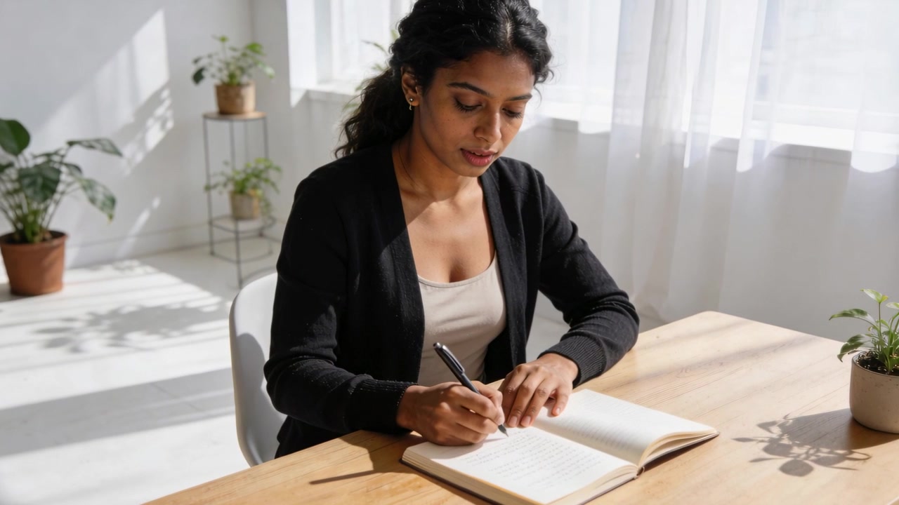 Adjusting pen grip, Indian woman writing notes in notebook at desk near sunlit window in cardigan