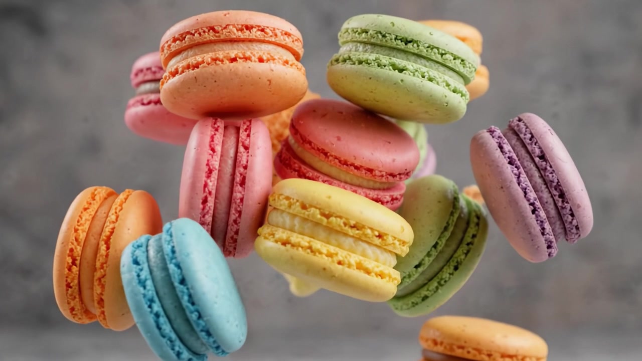 A Colorful Array of Floating Macarons in Motion, Showcasing a Delightful Variety of Flavors and Textures in an Artistic Display of Pastry Perfection