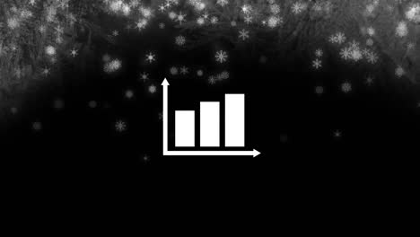 animation of white bar graph icon over snowflakes on black night sky background