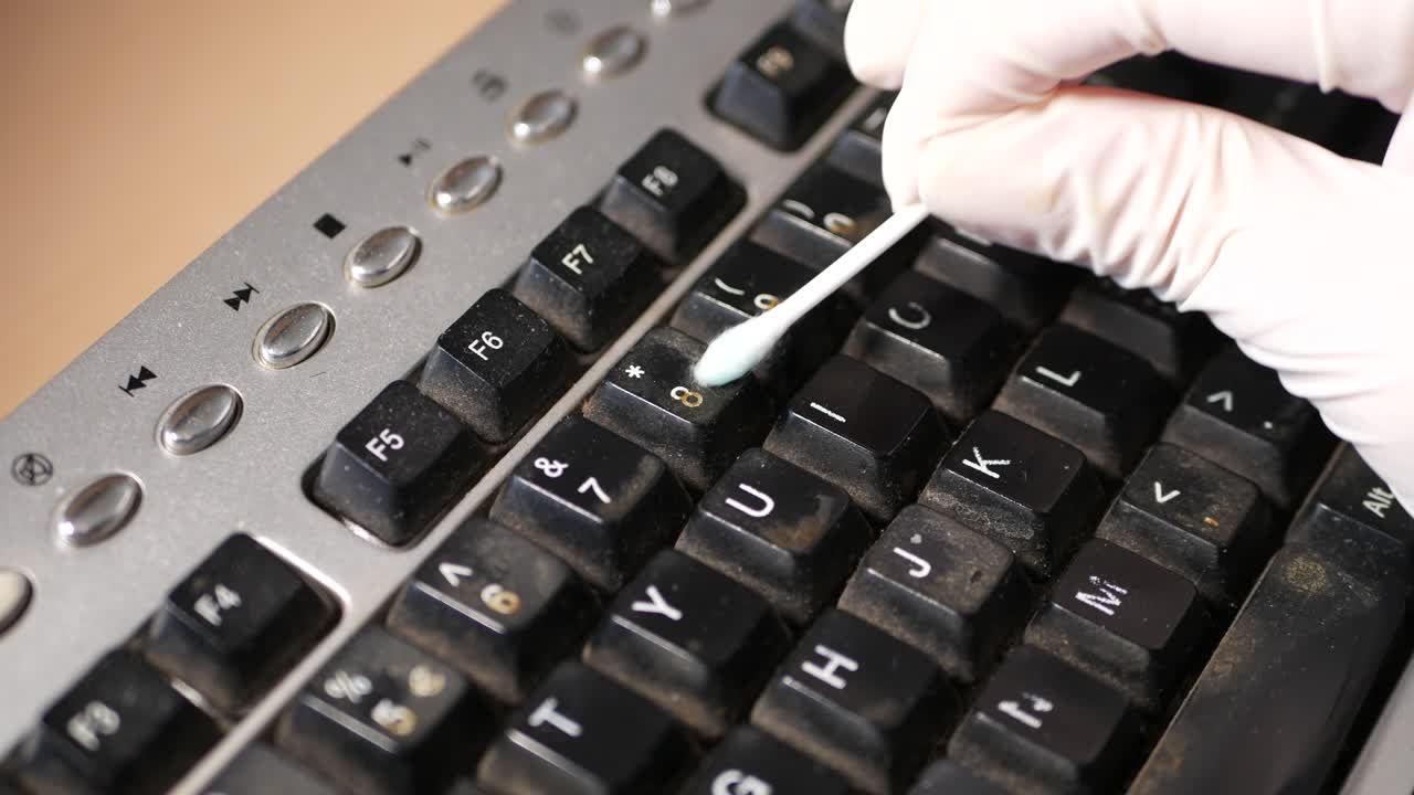 Static tripod clip of a man with a glove cleaning keyboard at office - home to disinfect the keyboard and clean out the dirt and residues on the keys using a cotton bud.