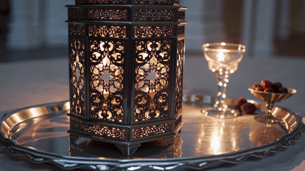 정교하게 디자인 된 금속 등불은 크리스탈 유리창과 날짜의 그과 함께 은색 트레이에 따뜻하게 빛나고 라마단에 평온한 분위기를 만니다.
