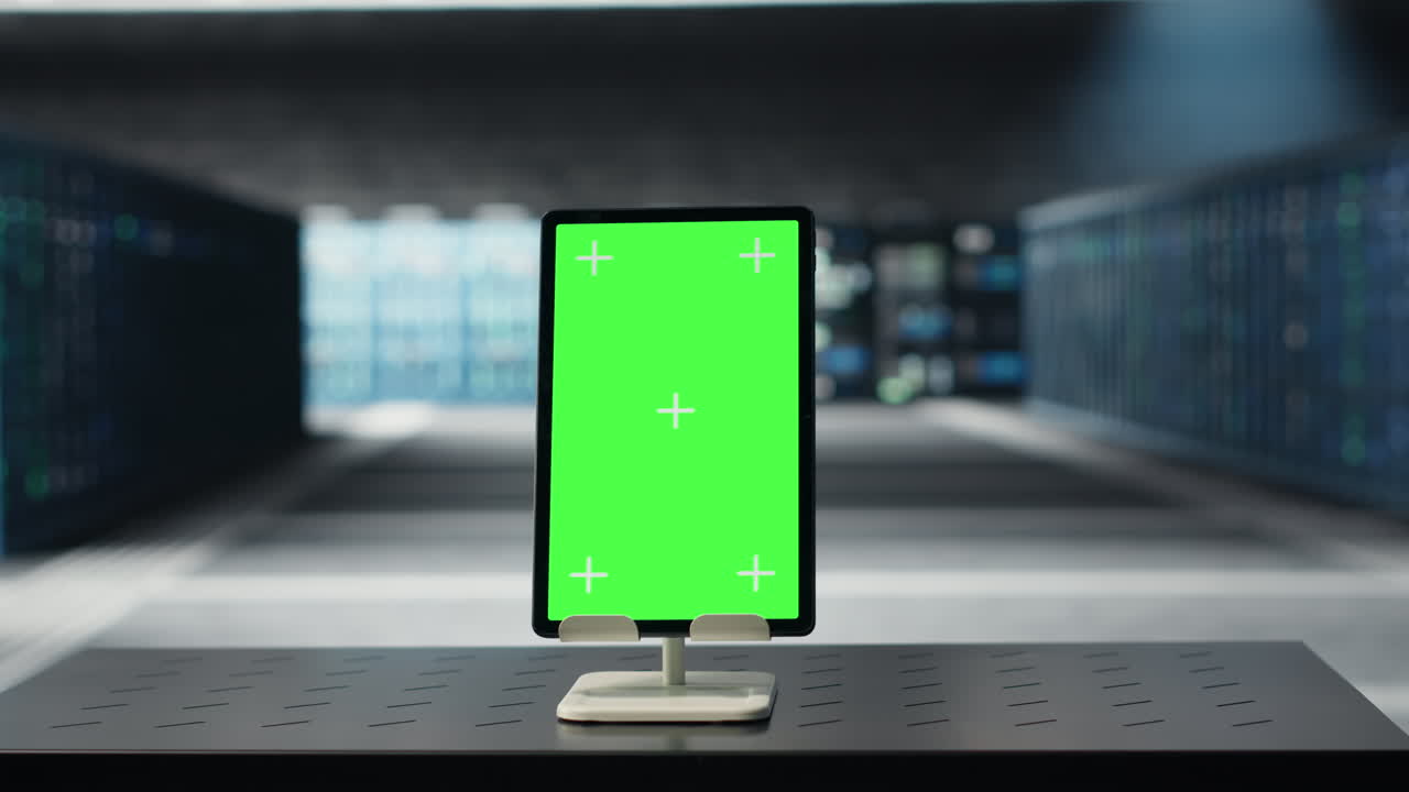 Green screen tablet in data center used for doing maintenance on infrastructure