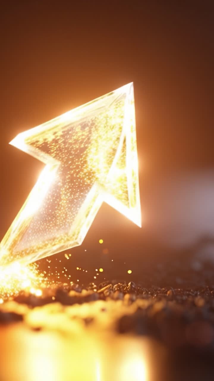 Una freccia di vetro scintillante, luccicante di luce e particelle di polvere, che simboleggia direzione e progresso in un affascinante ambiente con sfondo scuro.