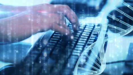 uomo che scrive sul computer con un dna in rotazione