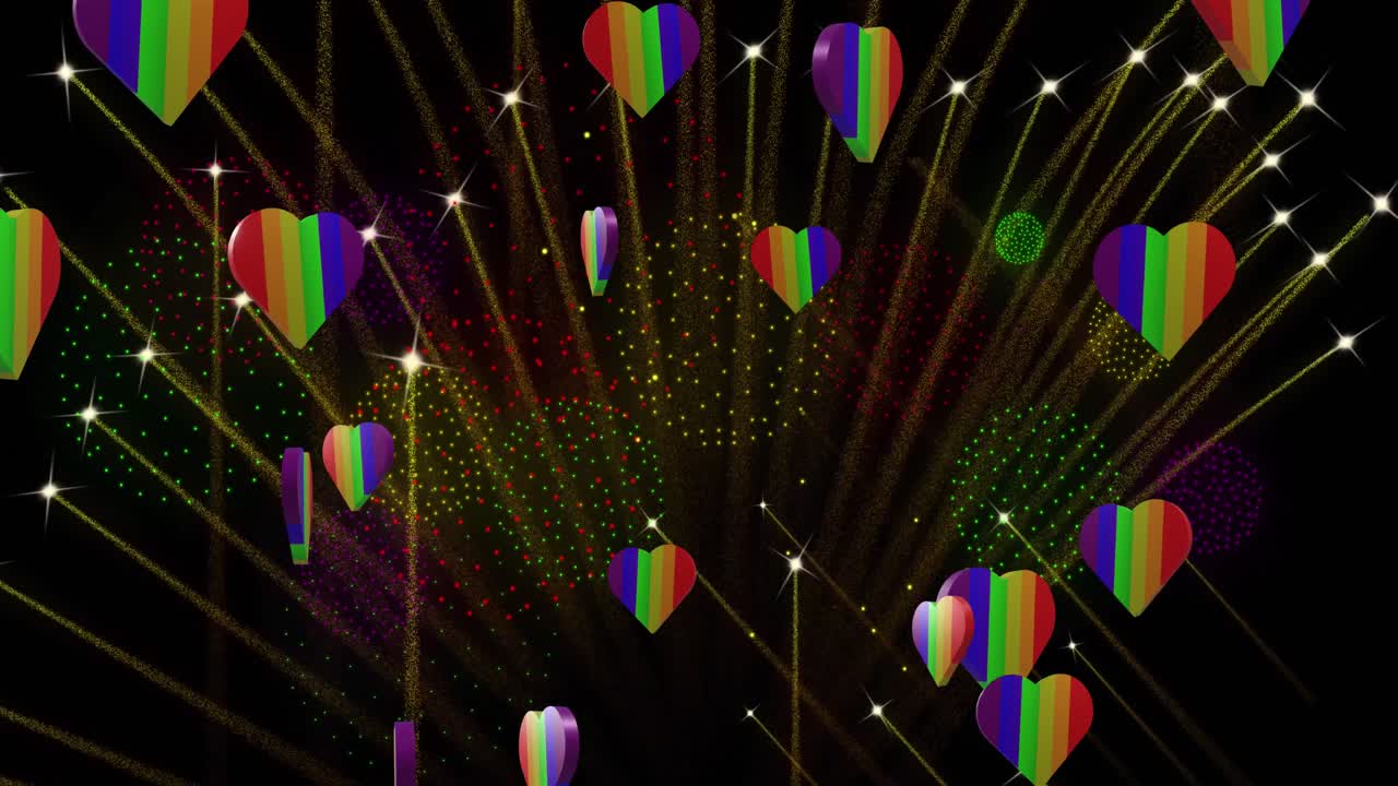 자존심의 애니메이션 무지개 심장과 검은 바탕에 폭발하는 불꽃놀이