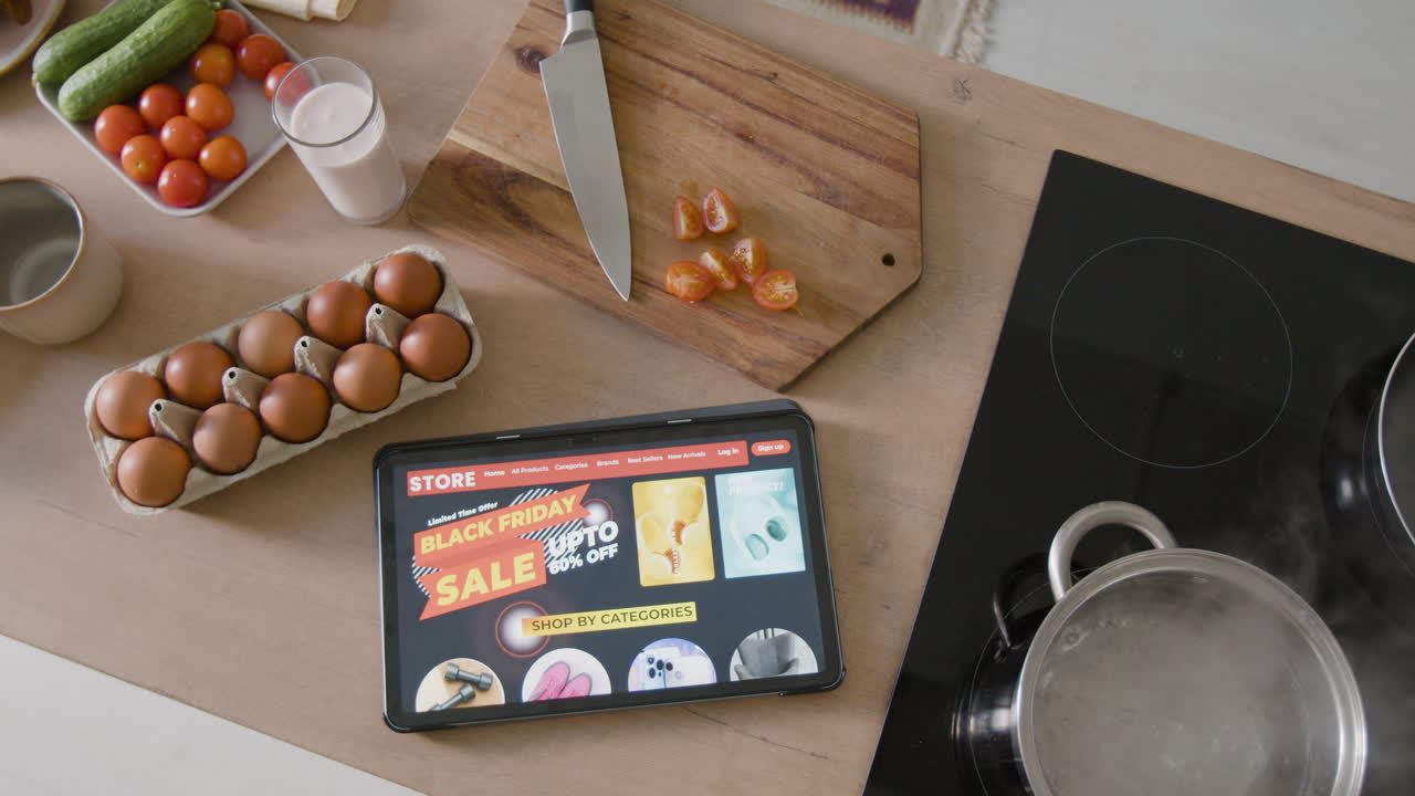 Cooking ingredients and online shopping on tablet